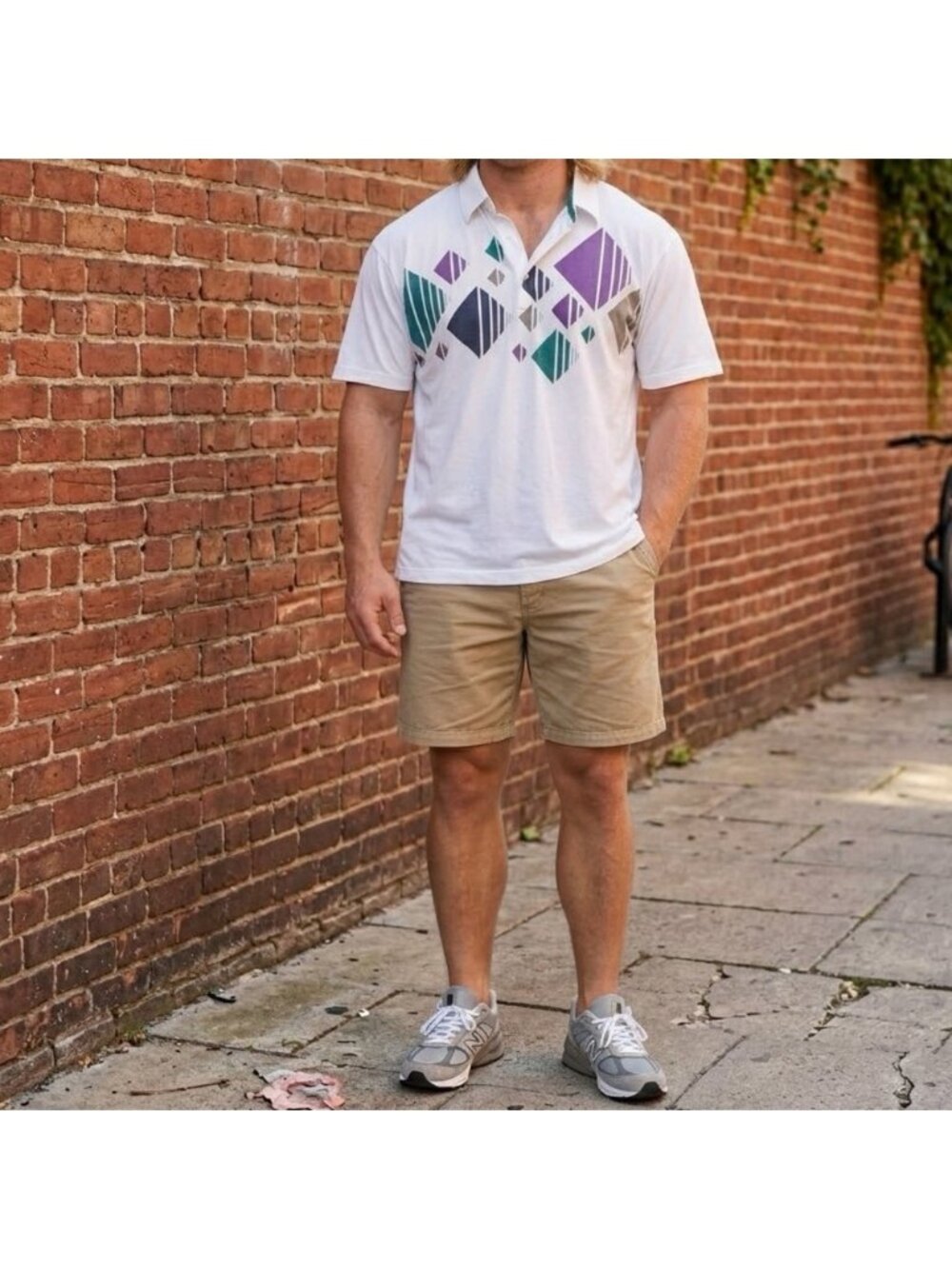 Vintage 1990s Polo Shirt Geometric Purple Tennis 90s Abstract Retro White XL
